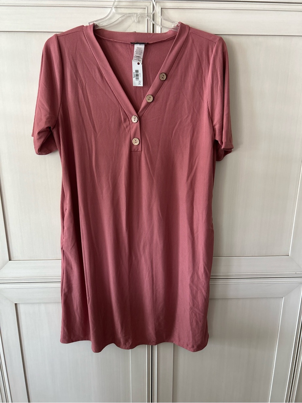 HEIMISH USA Dusty Rose Short Sleeve V-Neck Dress with Wooden Buttons